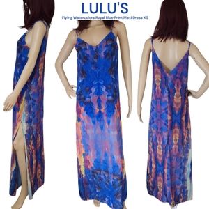 Lulus Flying Watercolors Royal Blue yellow purple Print Maxi Dress women's XS